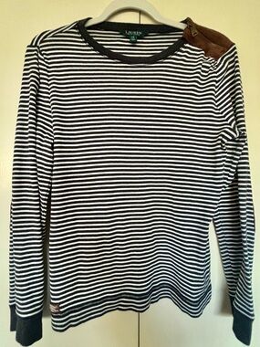 Ralph Lauren Dark Navy & White Striped Long Sleeve Top w/ Brown Elbow Patches